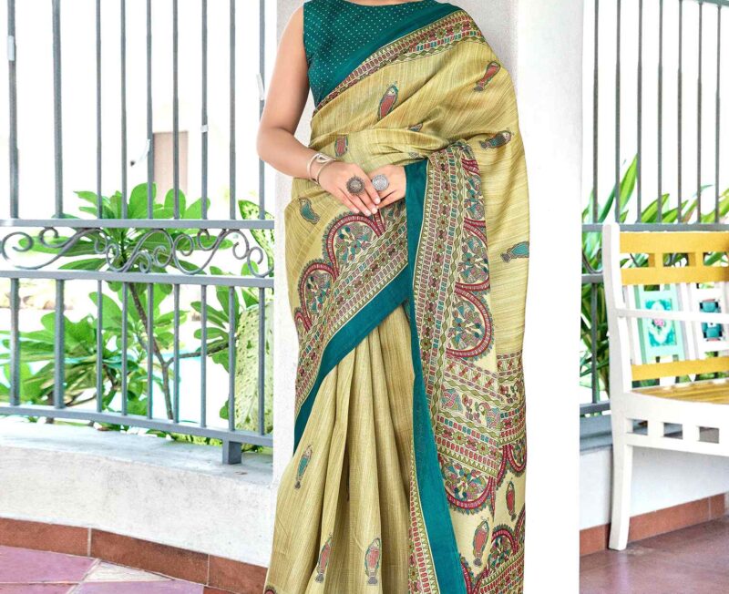 Beige Cotton Blend Madhubani Printed Saree