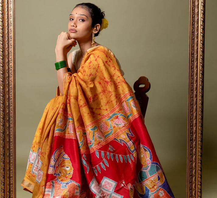 Panzora Women's Tussar Silk Madhubani Printed Saree With Unstitched Blouse Piece